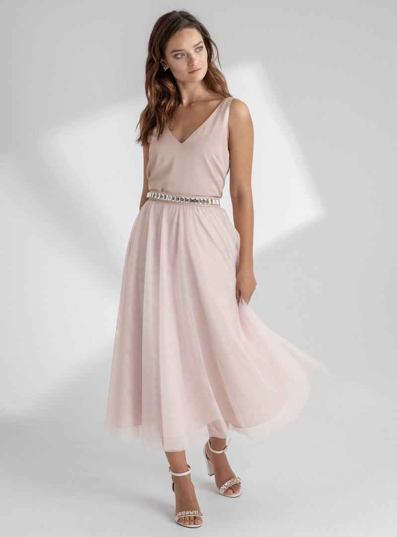 Elegantes Brautjungfernkleid in rosa ALEXA-SARA mit wadenlangem Tüllrock und V-Ausschnitt Satin Top